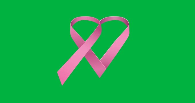 Digital animation of pink ribbon forming a heart shape icon against black background