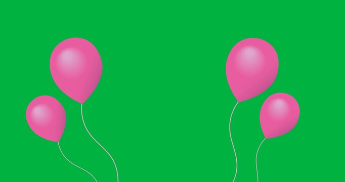 Digital animation of multiple pink round balloons floating against black background