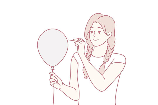 Young woman pierces balloon with needle and looks forward smiling. Teenager girl in casual clothes wanting to scare someone wants to burst red inflatable balloon. Flat vector illustration
