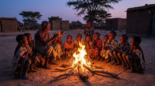 African Elder Storytelling by Campfire: Children Listen with Joy in Village at Dusk