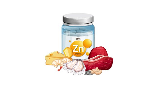 Zinc vitamin supplement animation showing sources of mineral including meat cheese seafood and nuts on white background.
