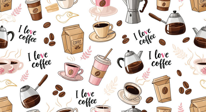 Coffee, coffee pattern, coffee cup, coffee beans, seamless design