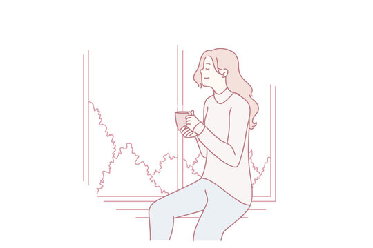 Attractive woman drinks tea sitting on windowsill and enjoys relaxing during break from work. Positive girl dreaming and watching landscape through window with cup coffee in hands. Flat vector image