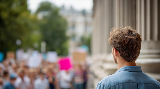 Wide angle back view of faceless demonstrators gathered near a classical monument holding protest signs, defocused crowd in the background, science rally, protest for research, public