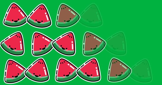 Digital animation of multiple watermelon slice icons against black background