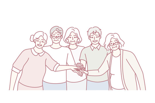 Elderly men and women with gray hair stand with hands outstretched to center demonstrating solidarity. Friendly pensioners from nursing home in casual clothes smiling. Flat vector image