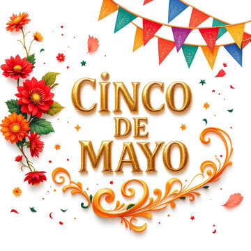 Cinco de Mayo celebration with flowers and festive banners isolated on transparent background