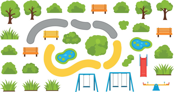 Flat park map elements set, green trees and bushes vector icons, playground equipment with benches and ponds for landscape design
