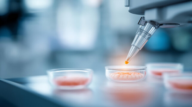 Top down view of a robotic automated injector working on artificial tissue samples in a sterile chamber, defocused futuristic laboratory in the background, bioprinting, high precision research,