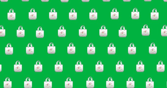 Say no to plastic bags text on multiple bag icons in a seamless pattern against black background