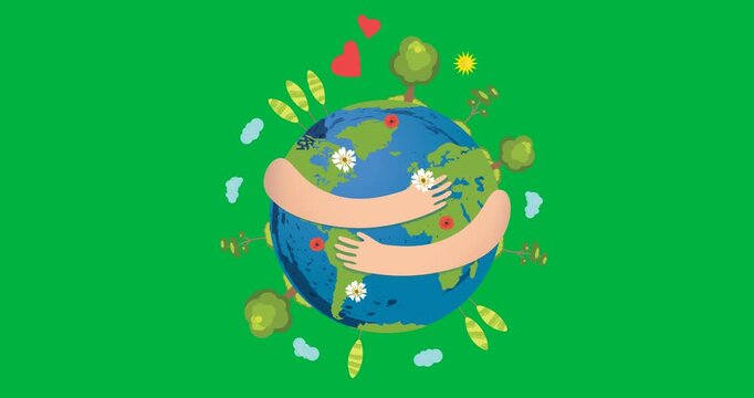 Digital animation of hands hugging a globe icon against black background