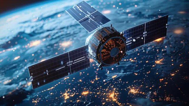 The satellite orbits Earth at night, its solar panels and instruments visible as it gazes down upon illuminated city lights, distinguishing urban areas from vast natural landscapes below