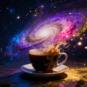 Surreal coffee cup splash with spiral galaxy nebula and stars in the background
