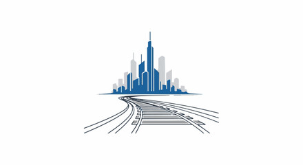 Obraz premium Railroad tracks lead to a stylized blue and grey cityscape silhouette