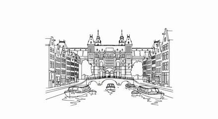 Obraz premium Sketch of a canal with boats and historic buildings under a bridge