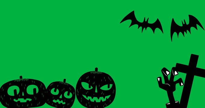 Halloween digital art features scary icons like bats and pumpkins on a white background.