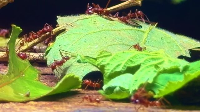 afcutter ants Atta cephalotes from family Formicidae order Hymenoptera class Insecta carrying leaf fragments showing eusocial cooperative behavior in tropical ecosystem, static macro close up shot