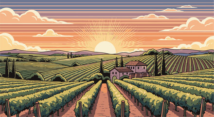 Naklejka premium Pixelated sunset over rolling vineyards with traditional farmhouses