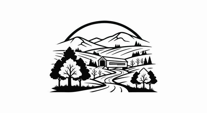 Rustic landscape with covered bridge, winding road, trees, and mountains