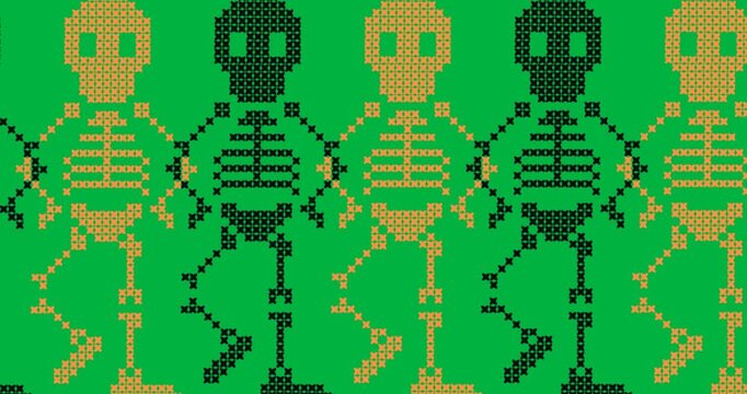 Halloween digital art features scary icons and skeletons on a black background.