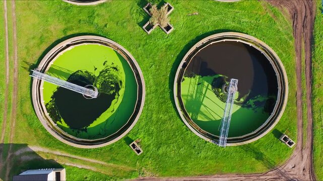 Drone slowly descends over Liepaja treatment tanks with vivid green water