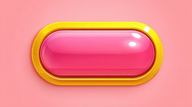 Glossy pink button with golden frame, cartoon UI element for mobile app or game