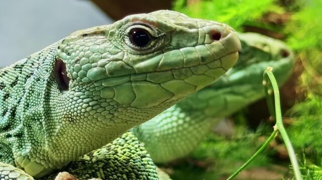 Ocellated lizard Timon lepidus from family Lacertidae order Squamata class Reptilia resting with visible scale structure and alert behavior in terrarium habitat, static extreme close up shot