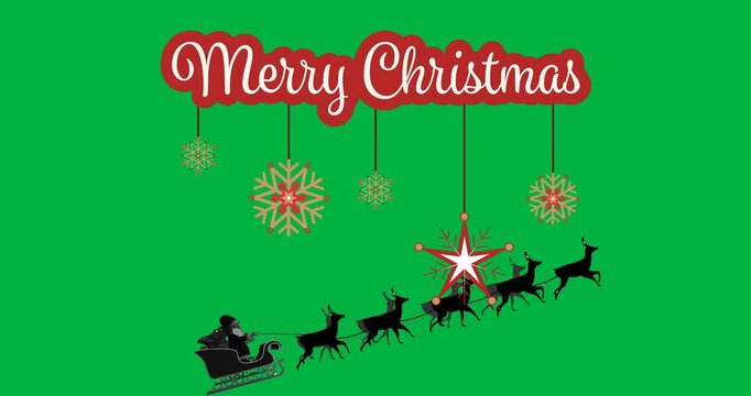 Christmas decorations hanging over merry christmas text banner against black background