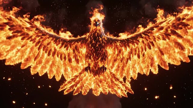 Burning phoenix rising from embers for commercial backgrounds, digital design, and advertising