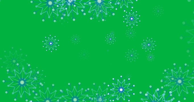 Digital animation of multiple blue snowflakes icons floating against black background