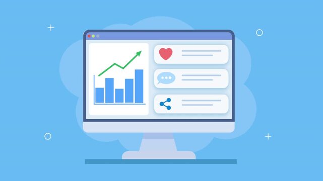 Animated social analytics dashboard with chart, like and share icons, and data panels, showing engagement tracking, performance insights, and digital interaction monitoring.