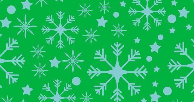 Digital animation of multiple blue snowflakes and star icons in seamless pattern on black background