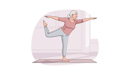 Fototapeta premium A graceful senior woman with grey hair practices a challenging yoga balance pose on a mat, promoting health, flexibility, and peaceful mindfulness.