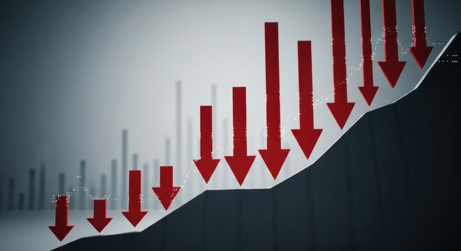 Sharp downward trend visualized by red arrows descending along a declining graph line against a gradient background symbolizing economic recession financial crisis or negative