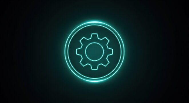 Glowing turquoise neon gear icon illuminated against a dark minimalist background representing industry mechanics settings and complex systems in a modern digital interface