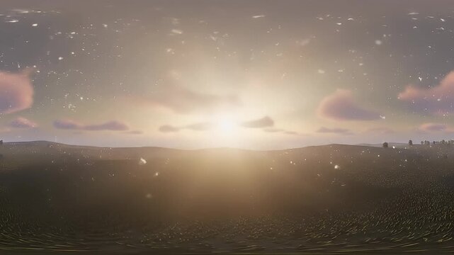 Panoramic landscape with sunrise over hills and floating particles