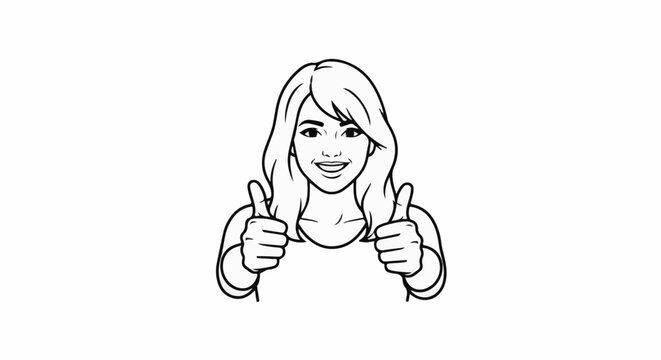 Smiling woman giving two thumbs up with wavy hair and visible collarbone
