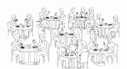 Fototapeta premium Sketch of people dining at tables, some with food, others with drinks