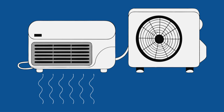 A vintage white air conditioner unit and electric fan equipment are isolated on a wall like a retro stereo box to provide cool wind and power