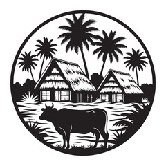 Tropical vector illustration of a black and white cow and rhino on a summer beach with palm trees and a sunset over the island sea. © Shofikul islam