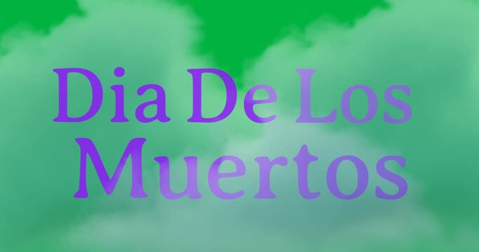 Digital animation of blue dia de los muertos text banner against smoke clouds on black background