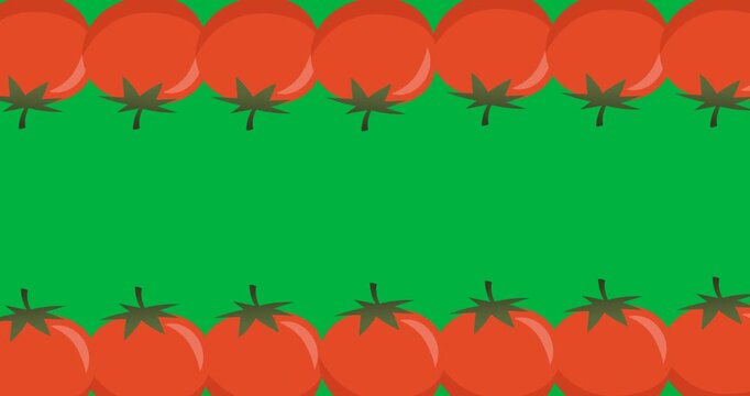 Multiple tomato icons moving in seamless pattern with copy space against black background