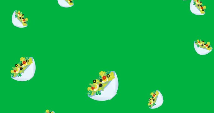 Digitally generated image of multiple green salad bowl icons falling against black background