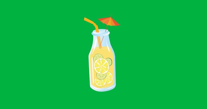 Digitally generated image of juice bottle with a straw icon against black background