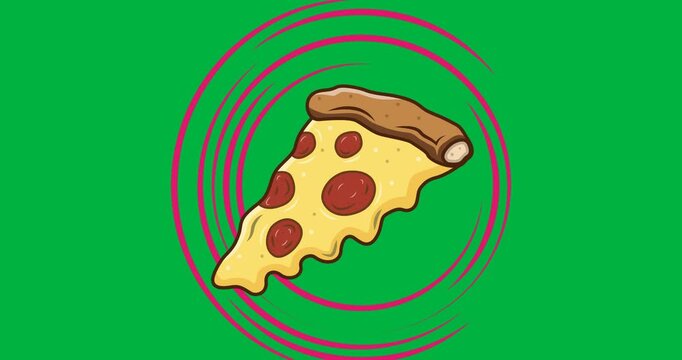 Digitally generated image of pizza icon on a pink round banner against black background