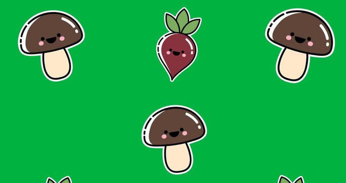 Digitally generated image of multiple beetroot and mushroom icons against black background