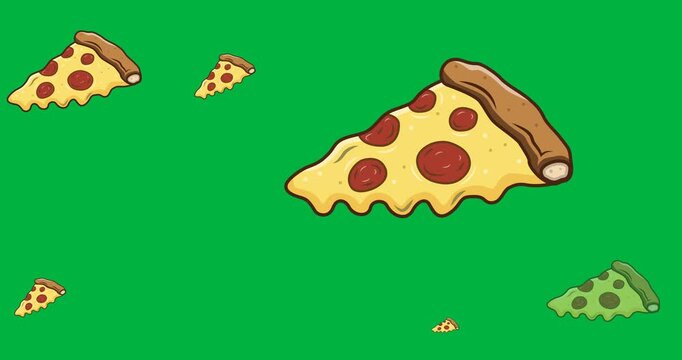 Digitally generated image of multiple pizza icons against black background