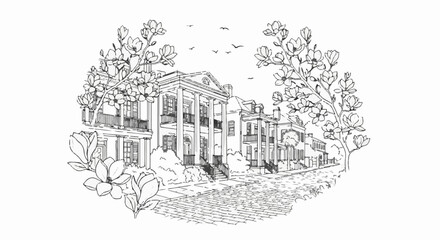 Naklejka premium Sketch of historic buildings framed by blooming magnolia trees and birds
