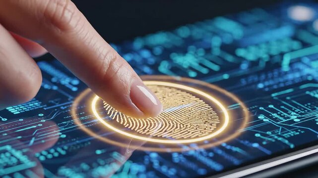 Finger touching digital fingerprint scanner for commercial backgrounds, digital design, and advertising