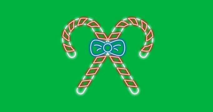 Digital animation of neon candy cane icon against black background
